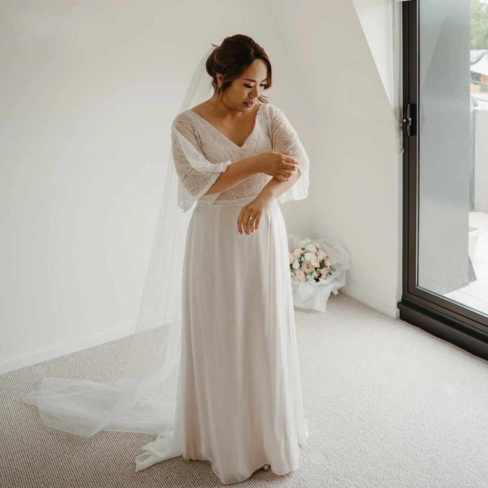 Short Flare Sleeves Wedding Dresses V-Neck Floor Length ZW457 – TANYA BRIDAL