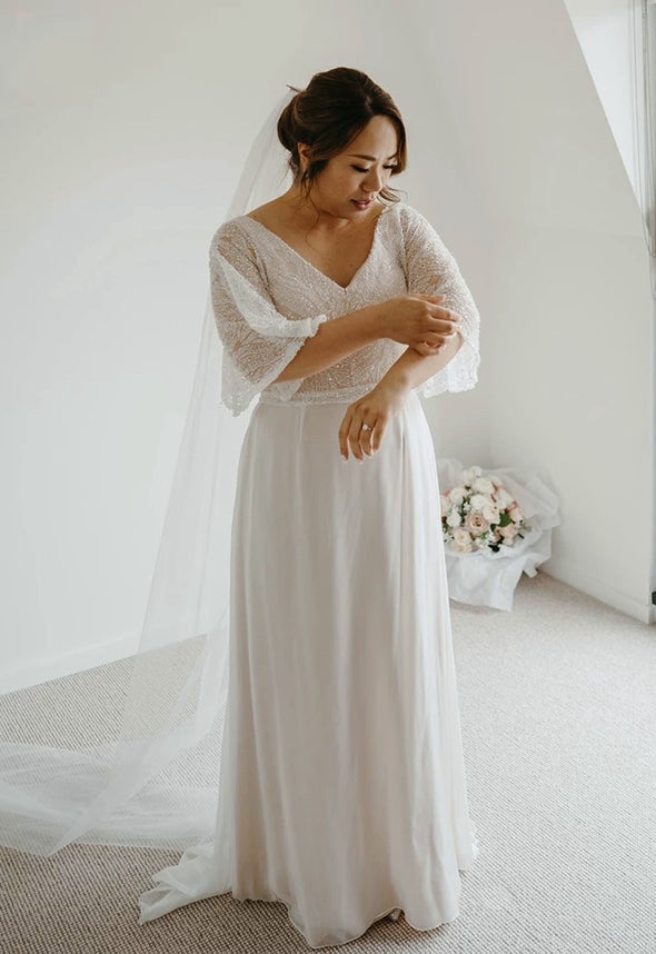 Short Flare Sleeves Wedding Dresses V-Neck Floor Length ZW457
