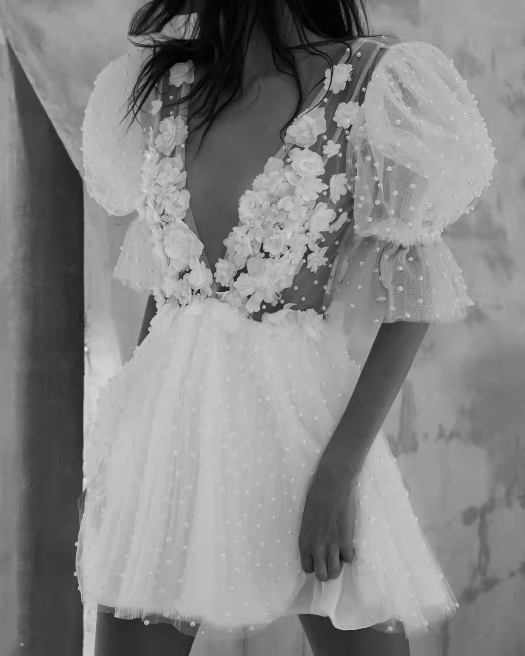 Short Mini Pearls Wedding Dresses Puff Sleeve DW635 – TANYA BRIDAL Short Mini Pearls Wedding Dresses Puff Sleeve DW635 – TANYA BRIDAL