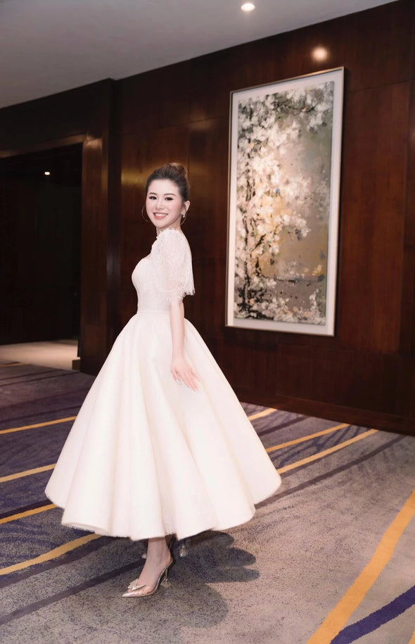Short Puff Sleeve Wedding Dresses Tea Length DW551