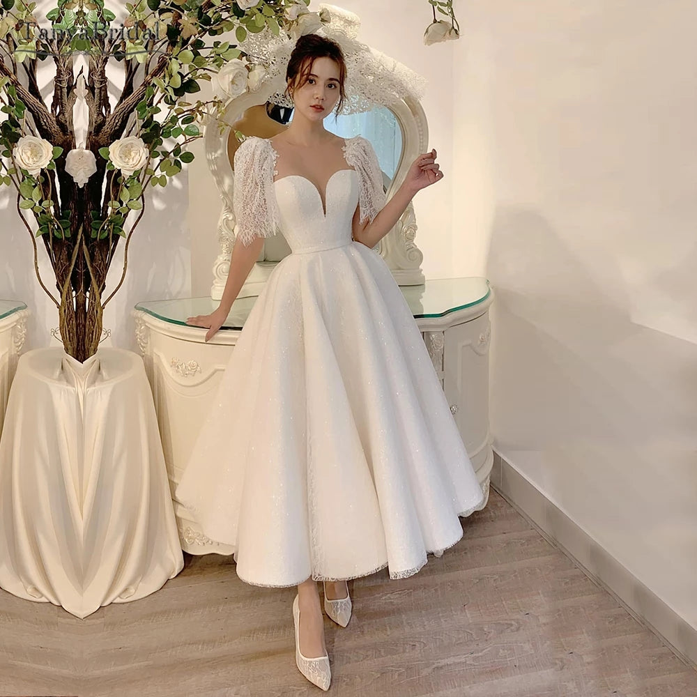 Short Puff Sleeve Wedding Dresses Tea Length DW551 TANYA BRIDAL Short Puff Sleeve Wedding Dresses Tea Length DW551 TANYA BRIDAL