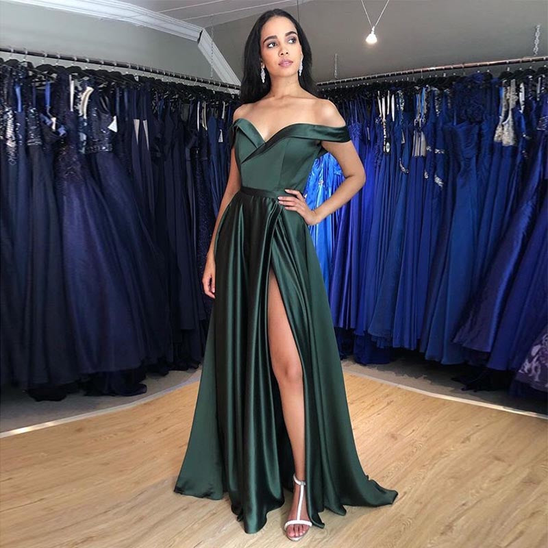 Simple Long Prom Dress Off Shoulder Front Split Robe De Soiree Forest Green Burgundy Special Occasion Party Gowns - Simple Long Prom Dress Off Shoulder Front Split Robe De Soiree Forest Green Burgundy Special Occasion Party Gowns -