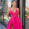 Simple Long Prom Dress With Pockets V-neck Front Split Fuchsia Satin Formal Party Dress