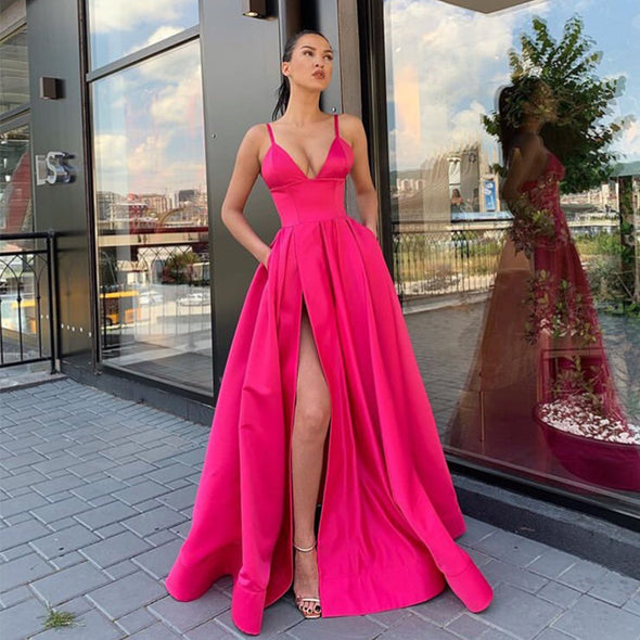 Simple Long Prom Dress With Pockets V-neck Front Split Fuchsia Satin Formal Party Dress