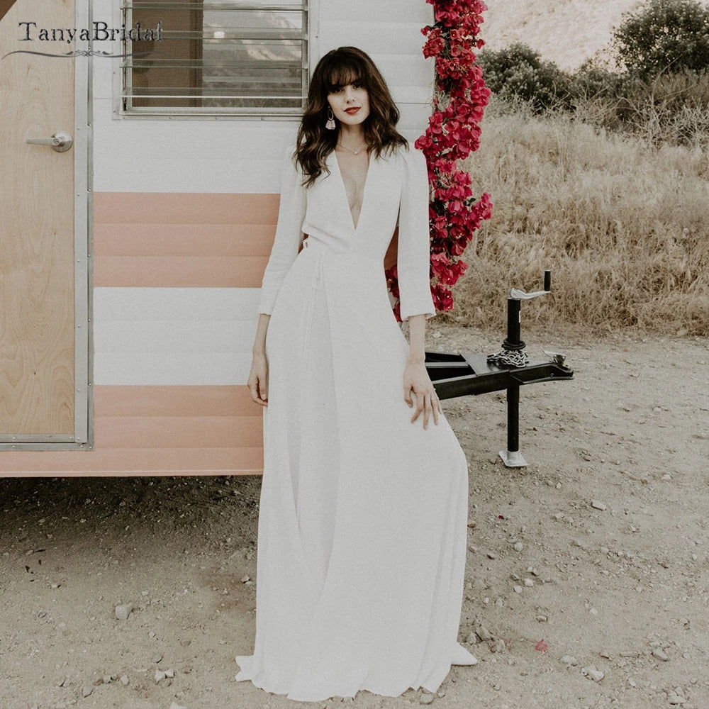 Simple Long Sleeve Wedding Dresses V-Neck A Line Beach Noivas DW514 – TANYA  BRIDAL