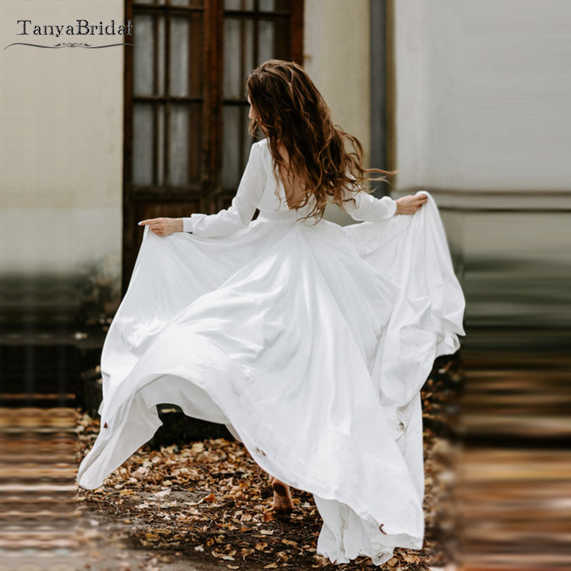 Simple Long sleeve Wedding Dresses A Line Soft Satin Elegant Bridal Go TANYA BRIDAL Simple Long sleeve Wedding Dresses A Line Soft Satin Elegant Bridal Go TANYA BRIDAL