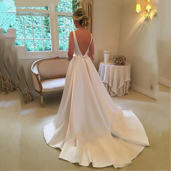 Simple Plain Satin Wedding Dresses Bow Backless White Ivory Vestido de Noiva Bridal Dresses