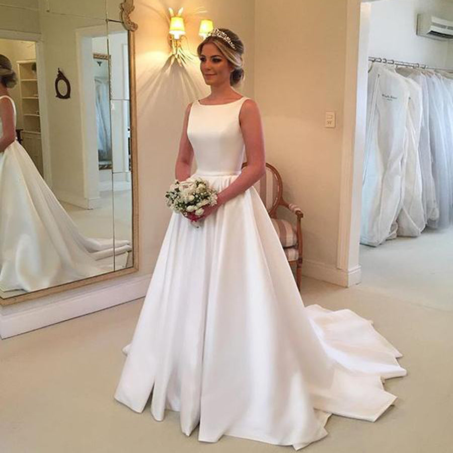 White Ball Gown Satin Square Neck Wedding Dress | LizProm