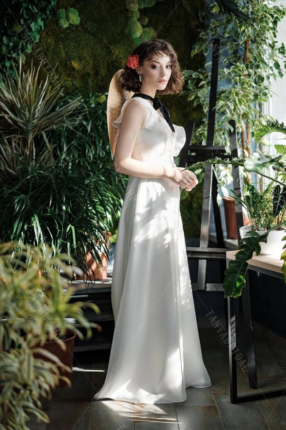 Simple Soft Satin Wedding Dresses Deep V-Neck High Split Bridal Gowns