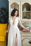 Simple Soft Satin Wedding Dresses Deep V-Neck High Split Bridal Gowns