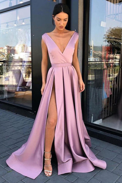 Simple V-neck Long Evening Dresses Blush Pink Satin Floor Length