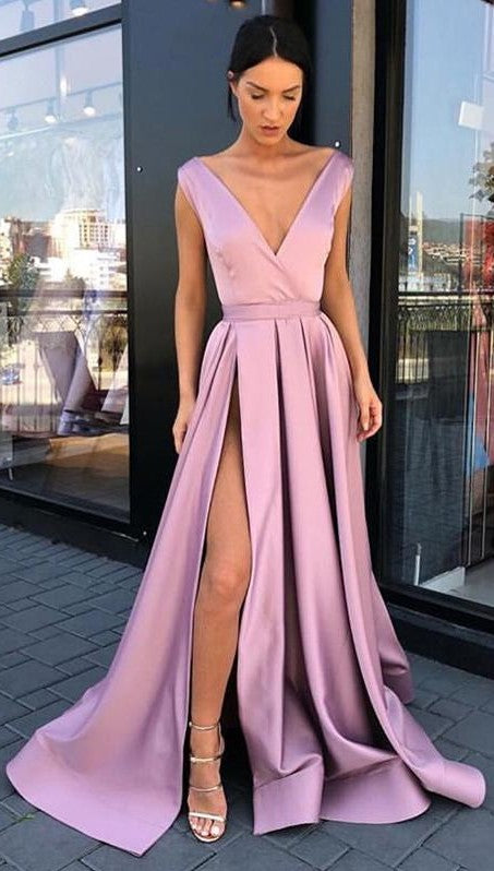 Simple V-neck Long Evening Dresses Blush Pink Satin Floor Length