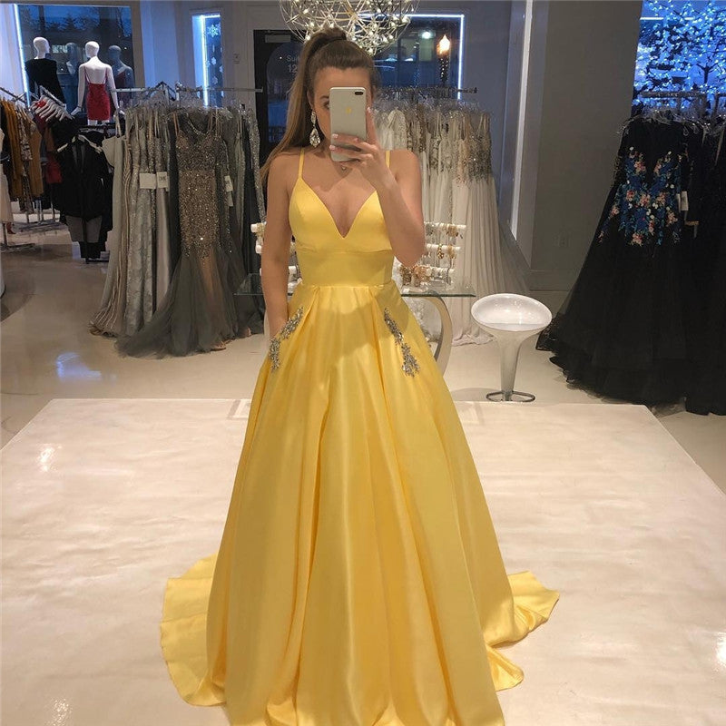 Simple V-neck Long Prom Dress With Pockets A-line Yellow Satin Formal TANYA BRIDAL Simple V-neck Long Prom Dress With Pockets A-line Yellow Satin Formal TANYA BRIDAL
