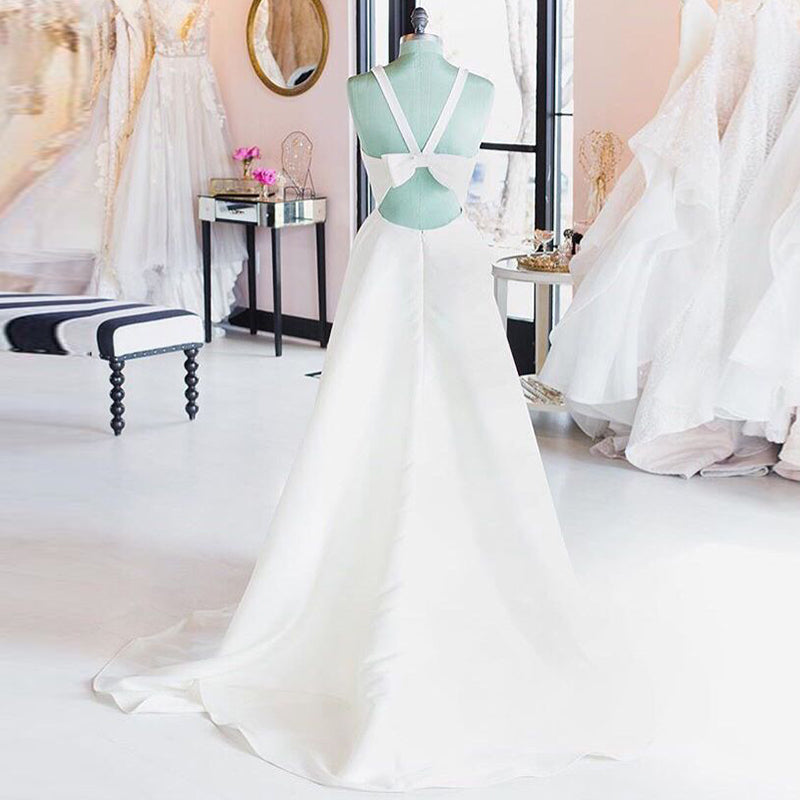 Simple V-neck Wedding Dresses Cut-out Bow Back Satin White Ivory Vesti TANYA BRIDAL Simple V-neck Wedding Dresses Cut-out Bow Back Satin White Ivory Vesti TANYA BRIDAL