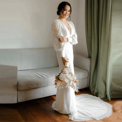 V Neck Long Sleeves Elegant Sheath Style Boho Wedding Dress