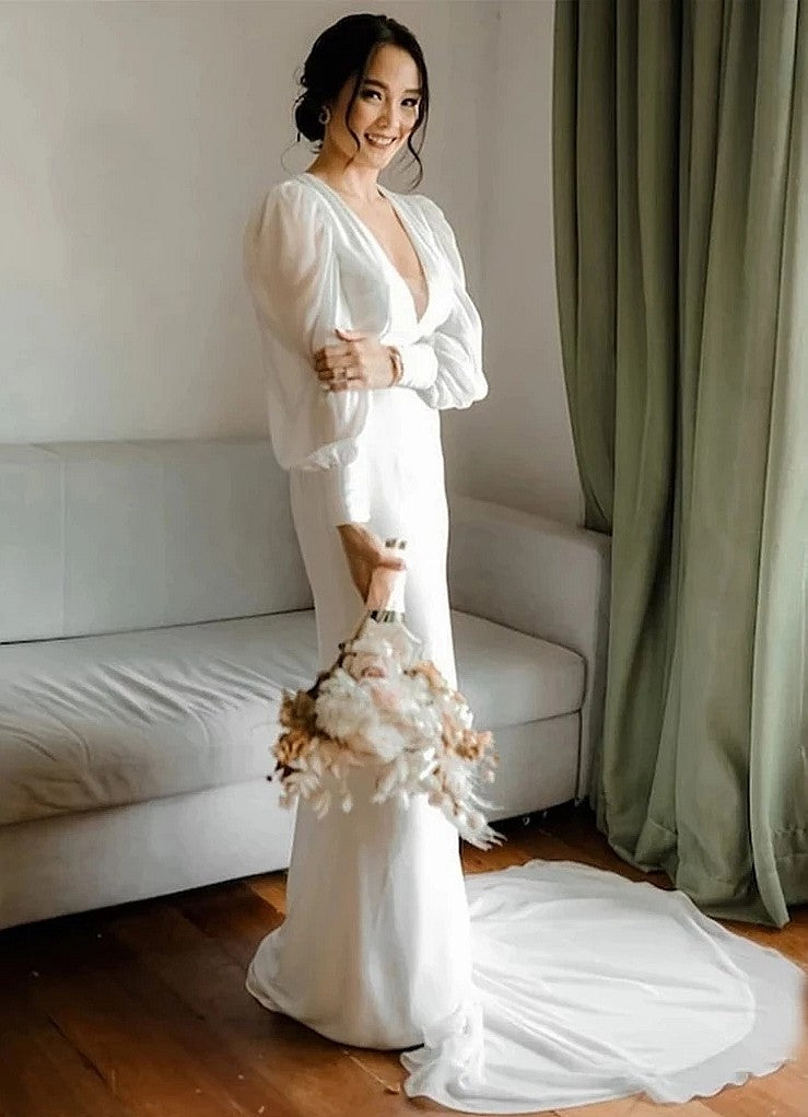 V Neck Long Sleeves Elegant Sheath Style Boho Wedding Dress V Neck Long Sleeves Elegant Sheath Style Boho Wedding Dress