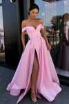 Simple Off-the-shoulder Satin Pink Long Prom Dress with Slit TB1352