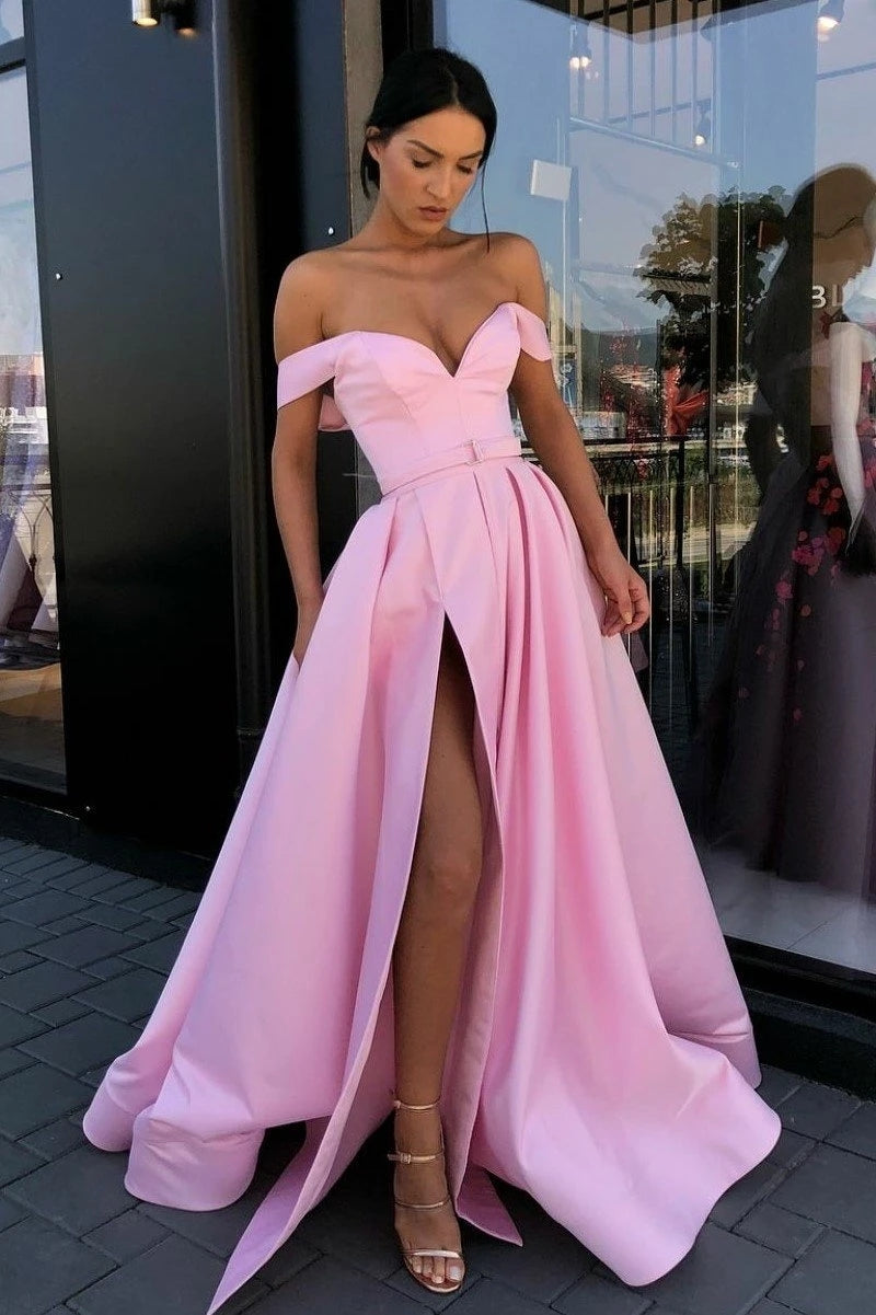 Simple Off-the-shoulder Satin Pink Long Prom Dress with Slit TB1352 – TANYA  BRIDAL