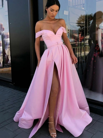 Simple Off-the-shoulder Satin Pink Long Prom Dress with Slit TB1352