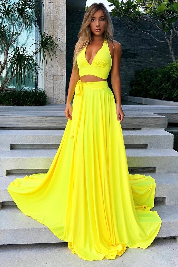 Simple Two Pieces Yellow Halter V-neck Long Prom Dress TB1337  TANYA BRIDAL