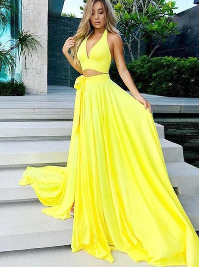 Simple Two Pieces Yellow Halter V-neck Long Prom Dress TB1337