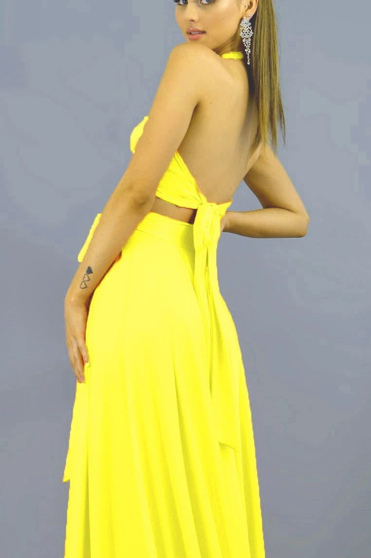 Simple Two Pieces Yellow Halter V-neck Long Prom Dress TB1337  TANYA BRIDAL