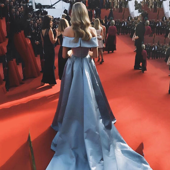 Sky Blue Satin Ball Gown Long Prom Dresses Off the shoulder High Slit Cannes Film Festival
