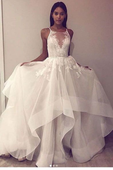 Organza Satin Ruffles Wedding Dresses With Lace Appliques