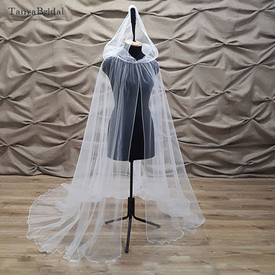 Soft Tulle Hood Wedding Cape Crocheted elegant Bridal Cloak Shawl 2m Length
