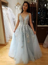 V Neck Open Back Tulle Long Prom Dress With Lace Applique TB1366