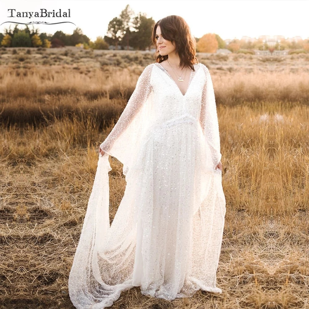 sparkly lace wedding dress Sparkly Lace Wedding Dresses Gorgeous Flare Sleeve Noivas DW615 – TANYA BRIDAL
