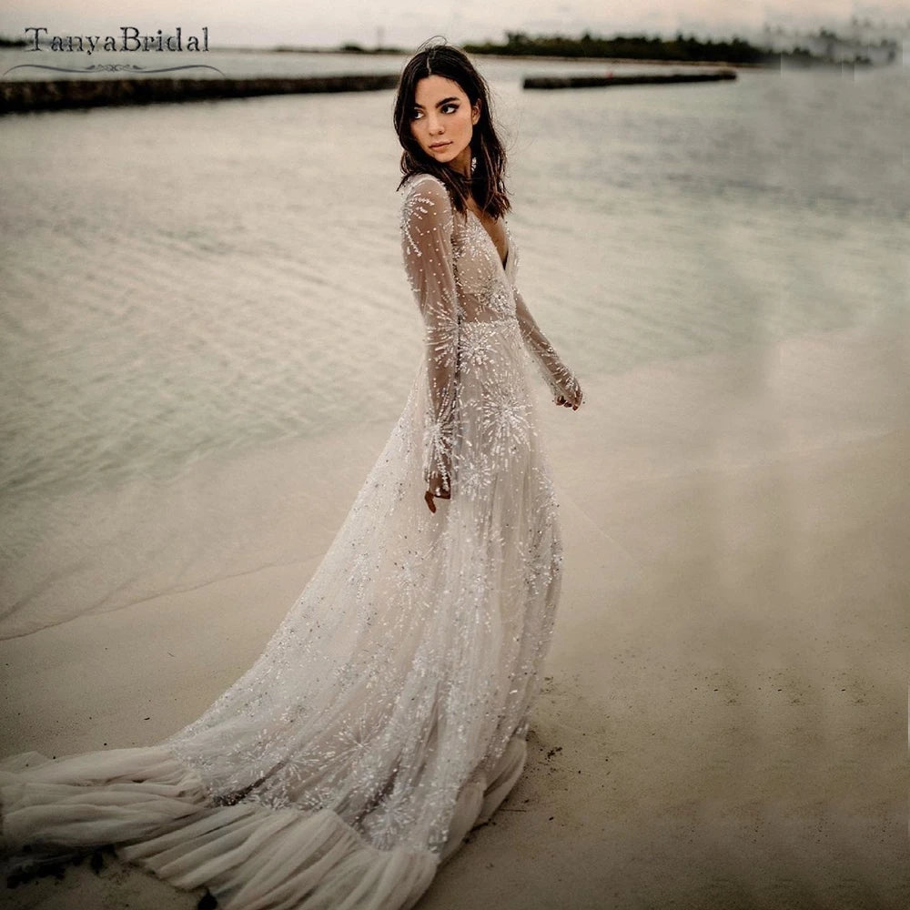 chinese dress ladies Sparkly Fireworks Lace Wedding Dresses Long Sleeve DW567 – TANYA BRIDAL