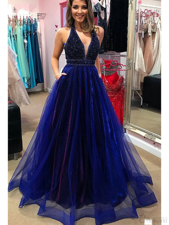 Sparkly Royal Blue Prom Dresses 2020 with Beading Pockets A-Line V-neck Tulle Long Prom Gown Backless Sexy Formal Evening Dress