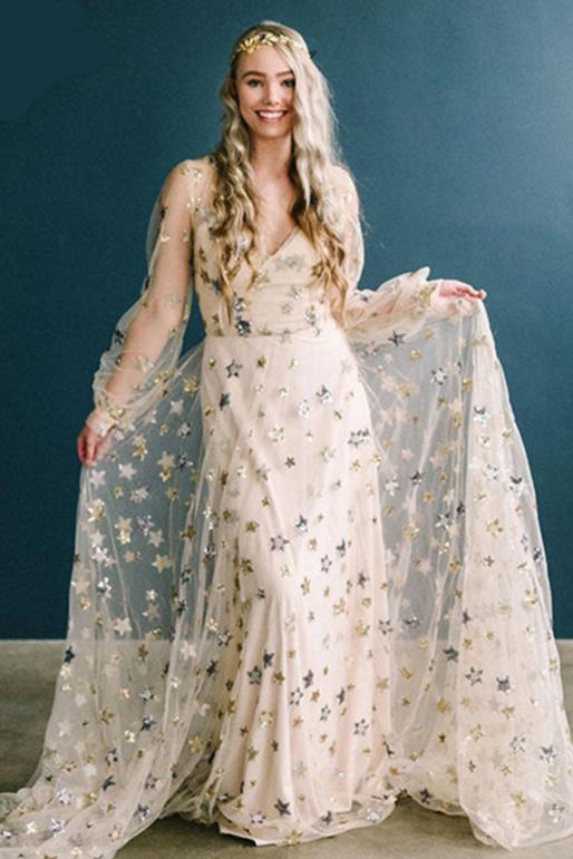 star dress long sleeve Fairytale Ethereal Dream Elegant Modern Long Sleeve Wedding Dress with Stars Boom Blush