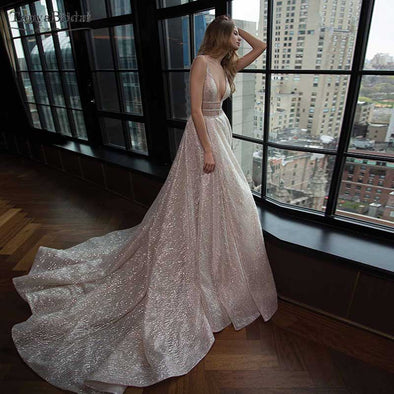 Sparkly Wedding Dresses Luxury V-Neck Bridal Gowns A Line Unique Vestido de Noiva Bohemian Chics DW237
