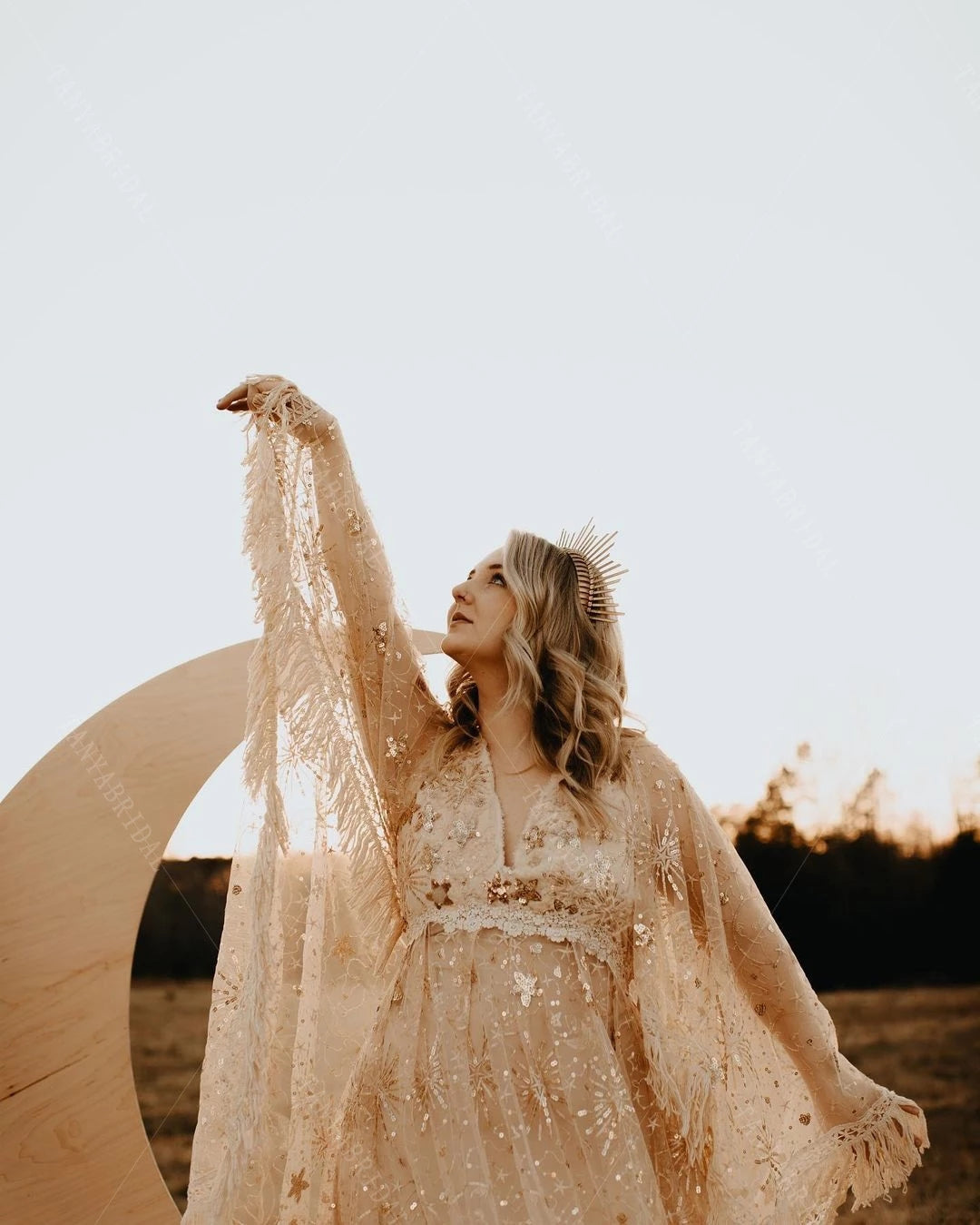 Sparkly Moon Star Lace Wedding Dresses Flare Sleeve ZW468 - Sparkly Moon Star Lace Wedding Dresses Flare Sleeve ZW468 -