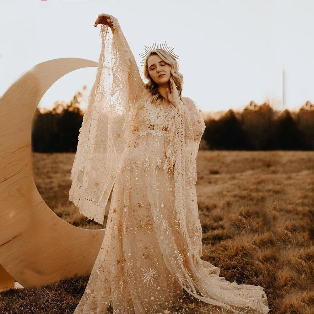 Sparkly Moon Star Lace Wedding Dresses Flare Sleeve ZW468 - Sparkly Moon Star Lace Wedding Dresses Flare Sleeve ZW468 -