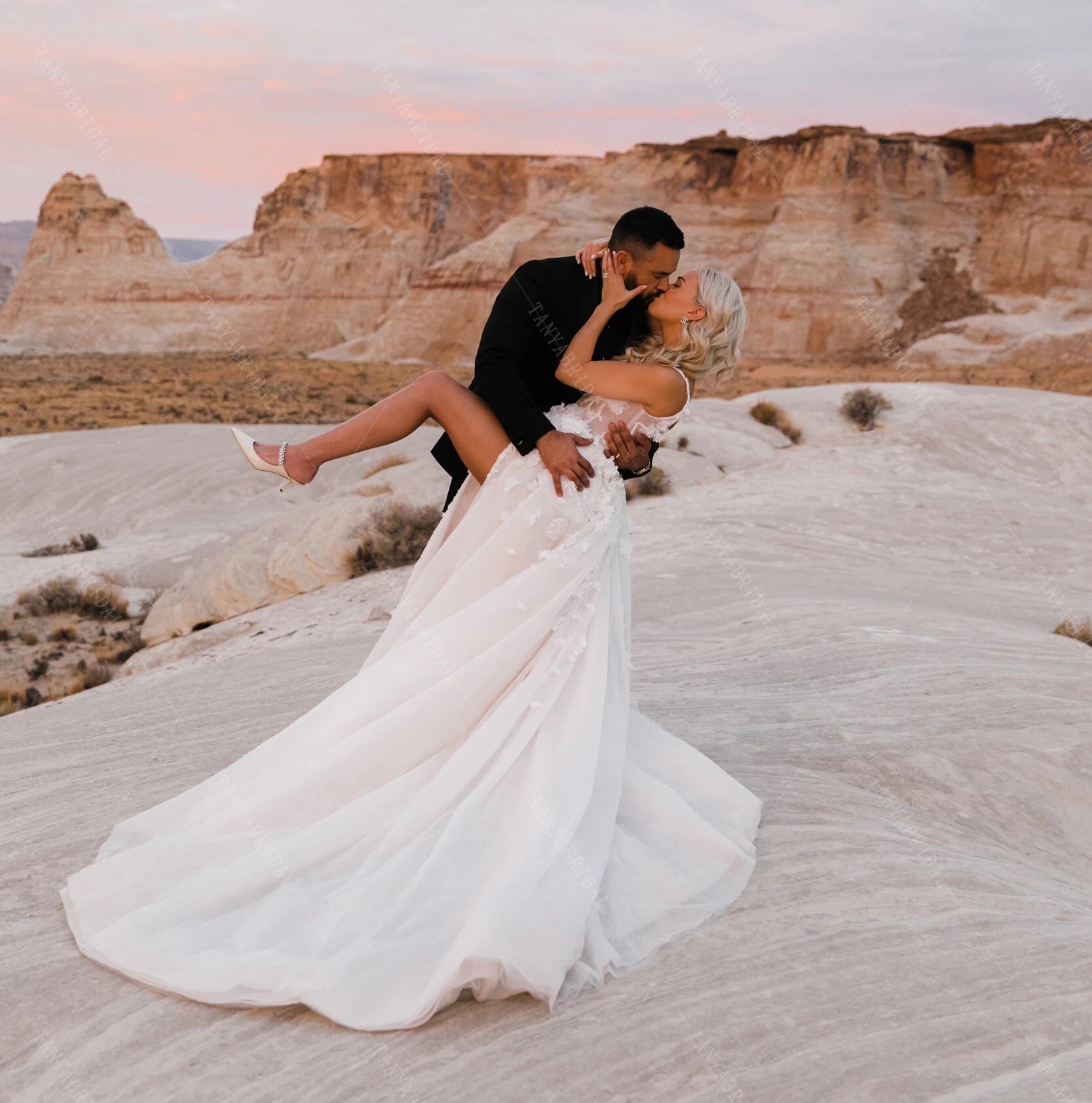 square neck boho wedding dress A Line Square Neckline Sparkly Boho Wedding Dress with Sweep Train QW2595 US14 / White