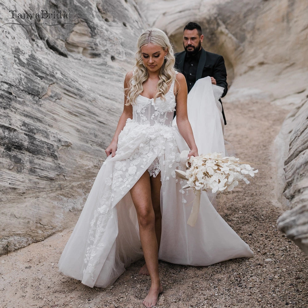 square a line wedding dress Charming A-Line Square Neck Short Sleeves Wedding Dresses with Train, Diamond White / 12 main image 0