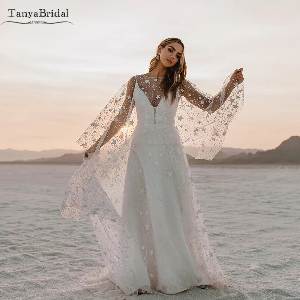 Star Emboridery Lace Wedding Dress With Elegant Cape Backless Noivas Chic DW565 - Star Emboridery Lace Wedding Dress With Elegant Cape Backless Noivas Chic DW565 -