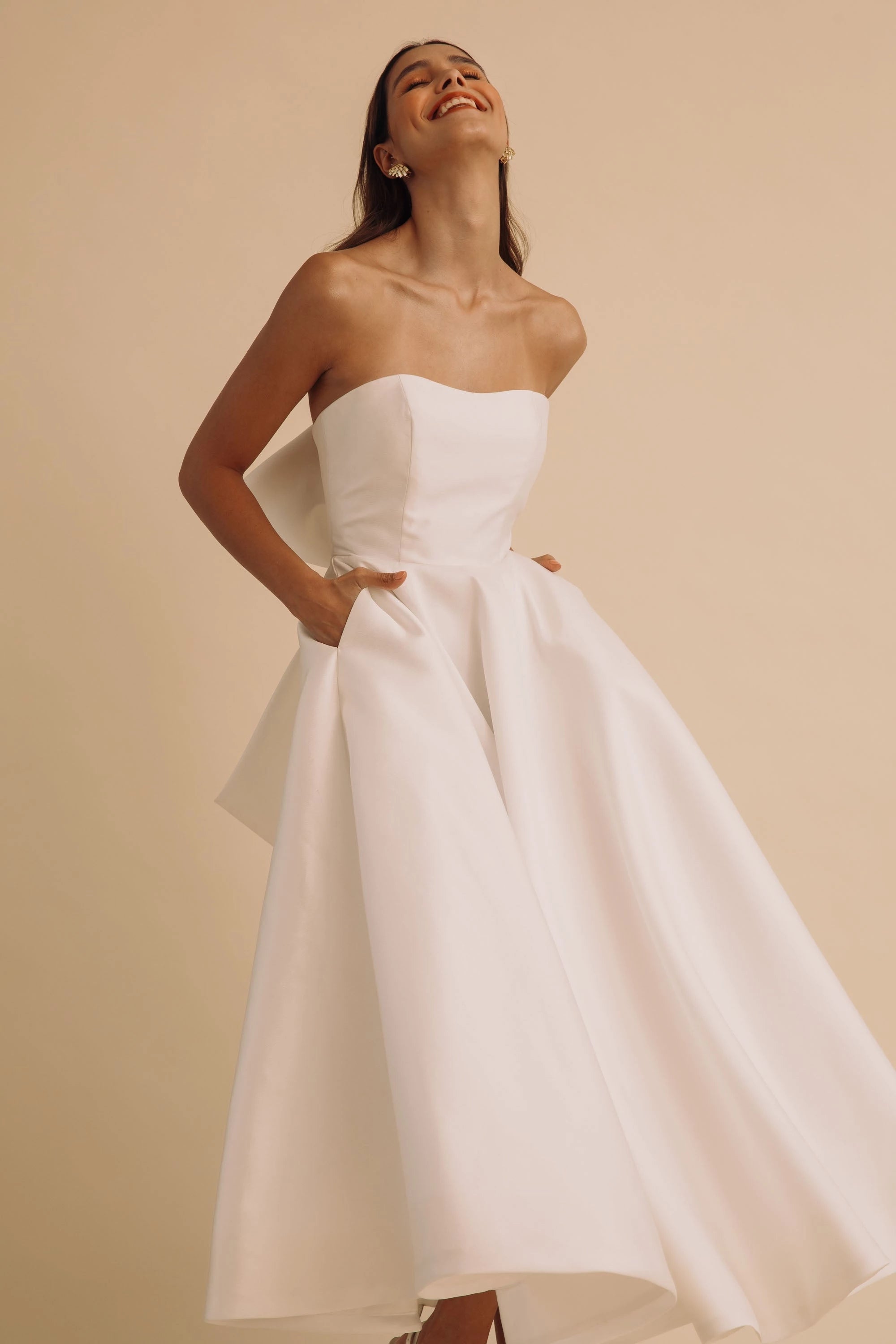 midi bridal dresses STRAPLESS FIT AND FLARE MIDI TEA LENGTH BRIDAL DRESS BY AMORIS T822W OFF White / 3XL