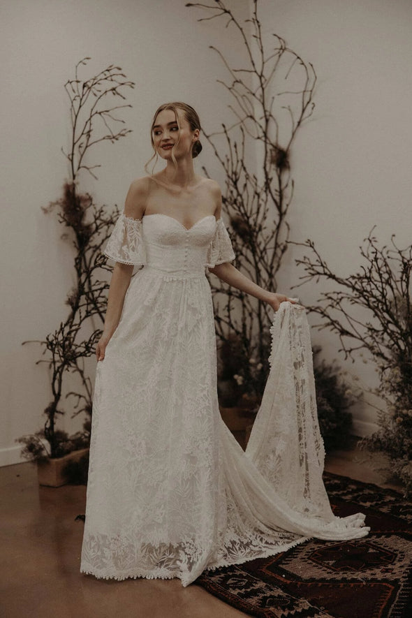 A Line Wedding Dresses Leaf Lace With Detachable Sleeves Vestido De Noivas ZW815