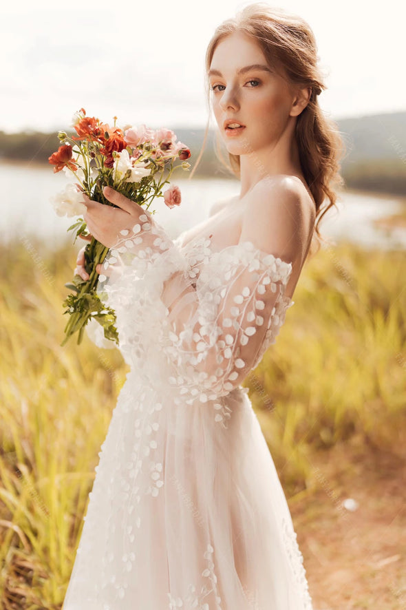 Leaf Lace Wedding Dresses Lantern Sleeve Boho Charming Engagement Noivas DW542