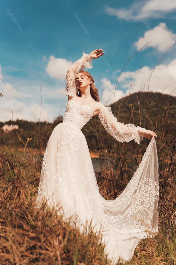 Leaf Lace Wedding Dresses Lantern Sleeve Boho Charming Engagement Noivas DW542