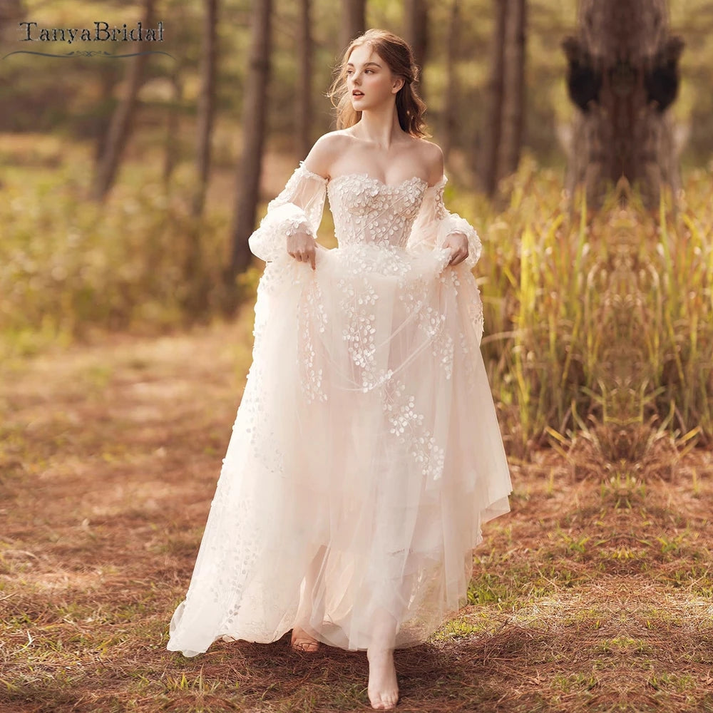 Leaf Lace Wedding Dresses Lantern Sleeve Boho Charming Engagement Noivas DW542 - Leaf Lace Wedding Dresses Lantern Sleeve Boho Charming Engagement Noivas DW542 -