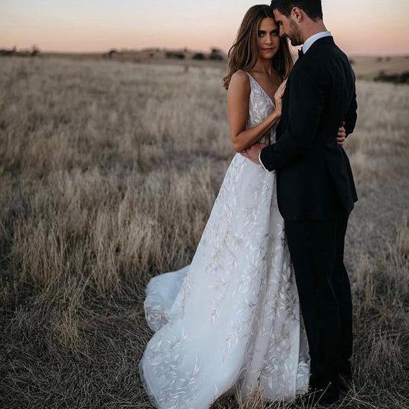 Unique Lace V Neck A Line Bohemian Long Wedding Dresses TB1407