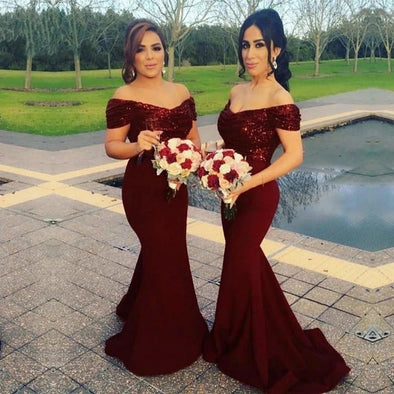 Sequin Mermaid Bridesmaid Dresses Off Shoulder Wedding Guest Dress TB1380