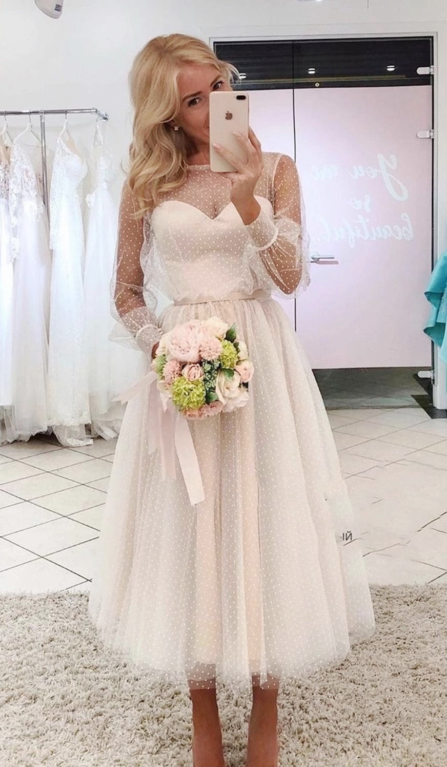 long sleeve short prom dresses Robe De Soiree Dot Tulle Long Sleeves Short Prom Dress TB1385 – TANYA BRIDAL