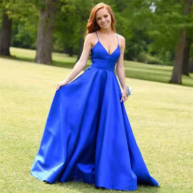 Royal Blue A Line Long Satin Prom Dress With Pockets TB1386