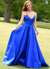 Royal Blue A Line Long Satin Prom Dress With Pockets TB1386